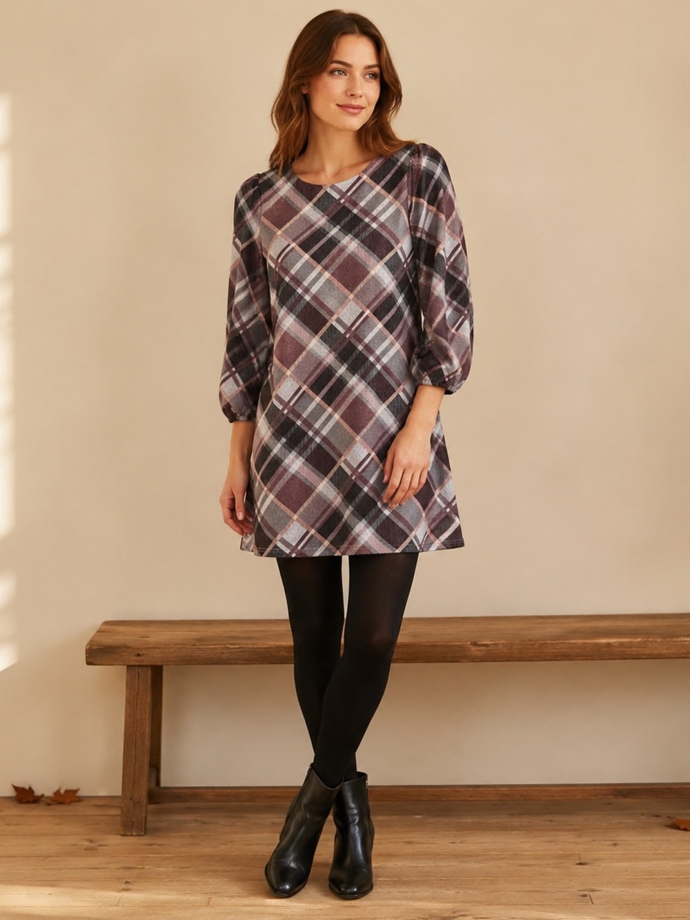 Madison Leigh Plaid Mini Shift Dress Small Dark Academia Puff Sleeve